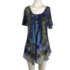 Sakkas Womens Blue Green Batik Lace Up Sequin Tunic Top Free Size NEW